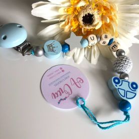 Pacifier clip with name 'baby blue, gray, silver'