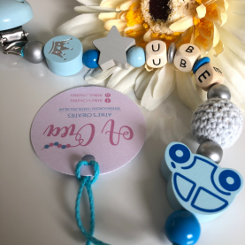 Pacifier clip with name 'baby blue, gray, silver'