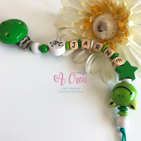 Pacifier clip with name '3D frog green, white'
