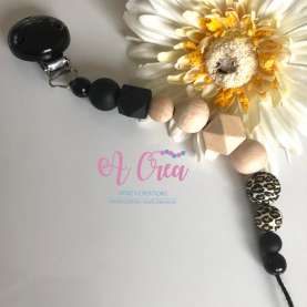 pacifier clip without name 'black, wood, leopard'