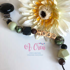 pacifier clip with name 'black, greyish green, camouflage'