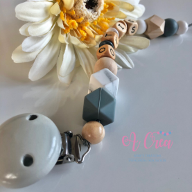 pacifier clip with name 'gray, marble, wood'