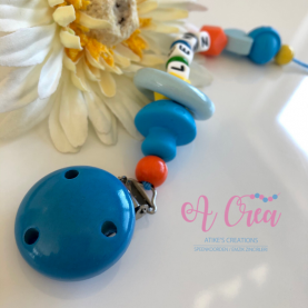 pacifier clip with name 'blue, yellow, orange'