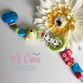 pacifier clip with name '3D bear, train, mini car'