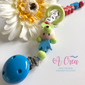 pacifier clip with name '3D bear, train, mini car'