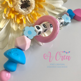 Pacifier clip with name 'mushroom, mini flower, mini hearts'