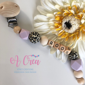 pacifier clip with name 'wood, lilac, leopard'