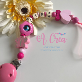 Pacifier clip with name 'Pink butterfly, flower, heart'