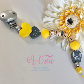 pacifier clip with name 'silver, grey, yellow'