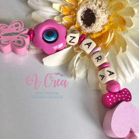 Pacifier clip with name 'Pink butterfly, flower, heart'