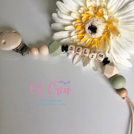 pacifier clip with name 'eucalyptus green, cream, black'