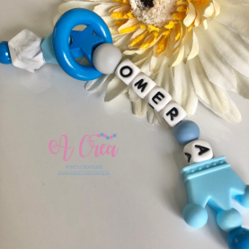 pacifier clip with name 'blue, grey, mini ring'