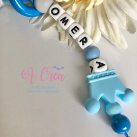 pacifier clip with name 'blue, grey, mini ring'