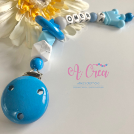 pacifier clip with name 'blue, grey, mini ring'