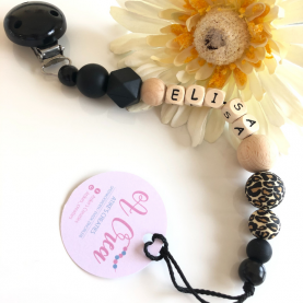 Pacifier clip with name 'Black, Leopard'