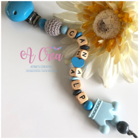 Pacifier clip with name 'gray, baby blue silicone crown'